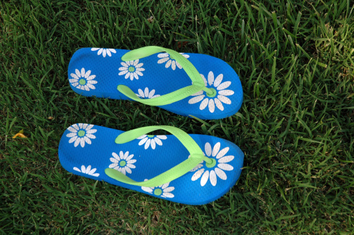 Pair of Hawaiian slippers on grass