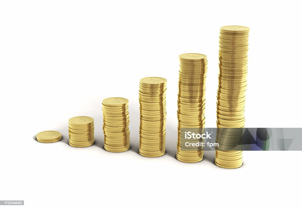 Saving Money Increasing piles of gold coins on white floor symbolizing growing wealth. Abstract Stock Photo