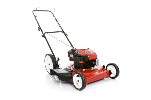 Red lawnmower on white background.