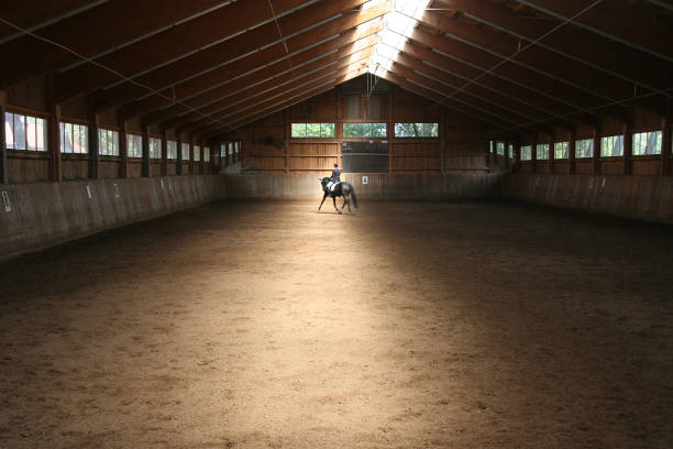 istock Long farm cabin with a man riding a horse 172246997