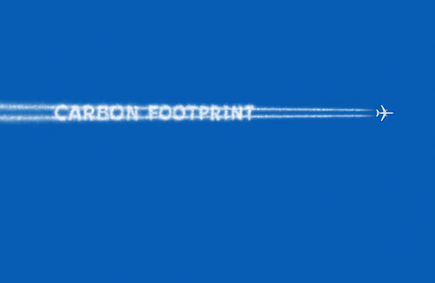 Carbon Footprint "The buzzword of environmental politics, illustrated as the writing on the contrail of a jet plane.See all my" words in the sky stock pictures, royalty-free photos & images