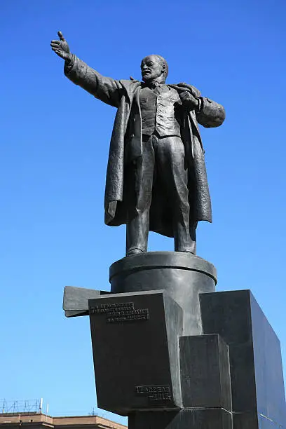 Statue of Lenin pointing the wat outside the railway station in St Petersburg Russia