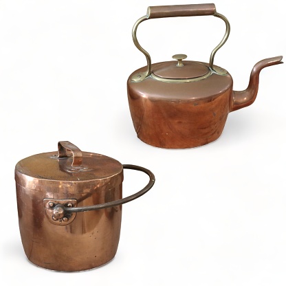 Old copper metal kitchen utensils
