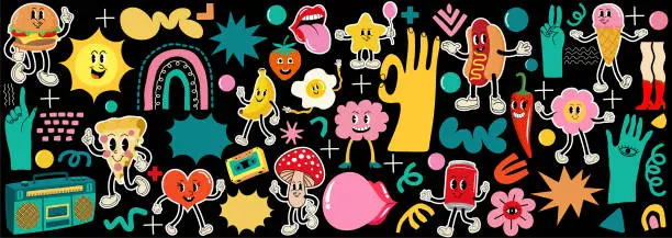 Vector illustration of Various retro patches, stickers or stamps and pins with abstract funny cute comic characters.