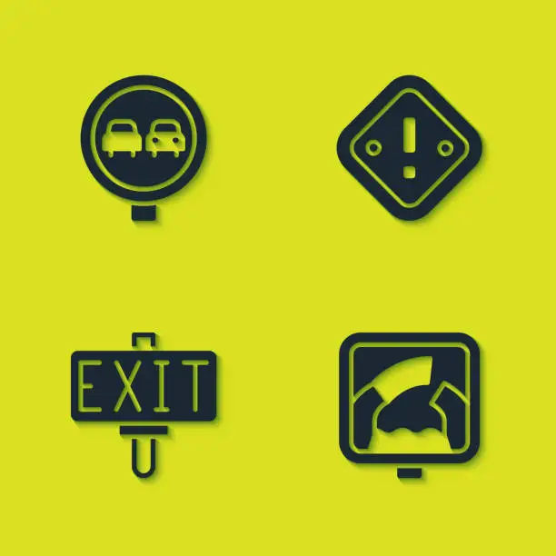 Vector illustration of Set No overtaking road traffic, Drawbridge ahead, Fire exit and Exclamation mark triangle icon. Vector