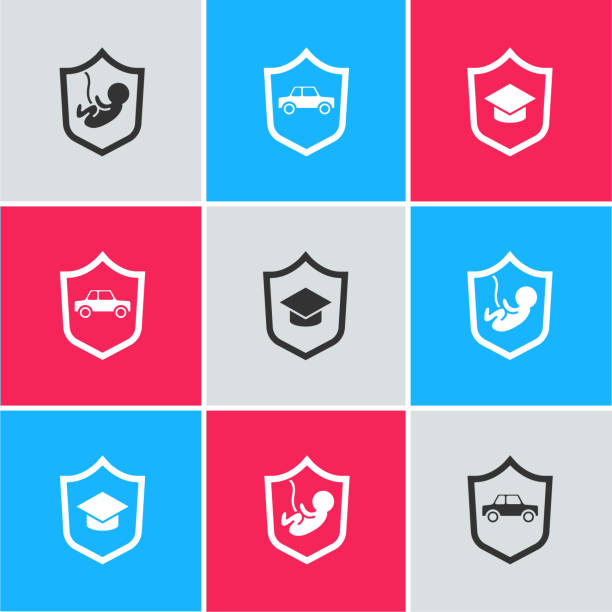 ilustrações de stock, clip art, desenhos animados e ícones de set life insurance with shield, car and graduation cap icon. vector - university graduation car student