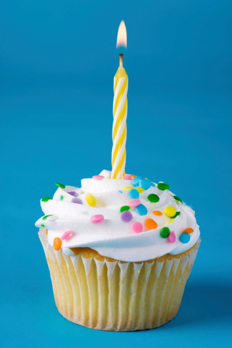 A birthday cupcake with a lighted candle