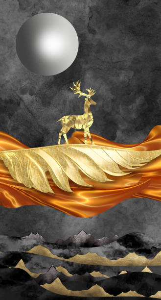 istock Vertical canvas digital artwork. Golden deer and leaf, mountains on paint black background. wall poster art decor 1722483340