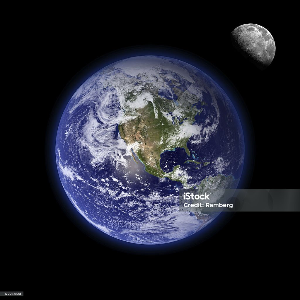 Earth and moon Montage of the earth, with a glowing blue atmosphere, and the moon in one frame.  Planet Earth Stock Photo