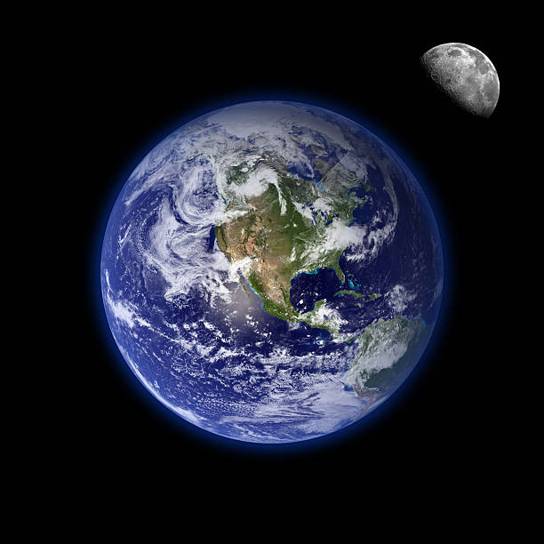 Earth and moon Montage of the earth, with a glowing blue atmosphere, and the moon in one frame.  satellite photos stock pictures, royalty-free photos & images