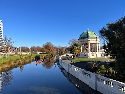 Avon river  Christchurch, New Zealand at noon. Cambridge terrace