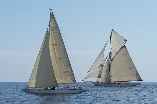 Imperia, Italy - September 7, 2018: Sail yachts the old style, during regatta in Gulf of Imperia. Established in 1986, the Imperia Vintage Yacht Challenge Stage is a of the most important event in sailing the Mediterranean dedicated to historical boats
