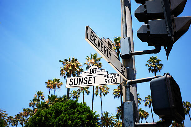 istock Sunset and Beverly Road Sign With Palm Trees In Background 172249211