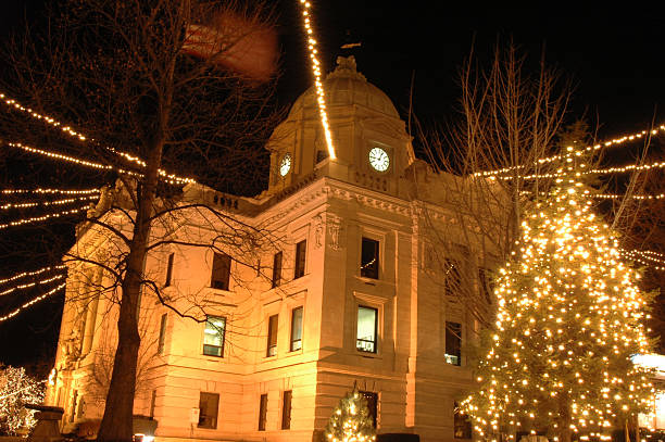 Bloomington Town Hall at Christmas stock photo