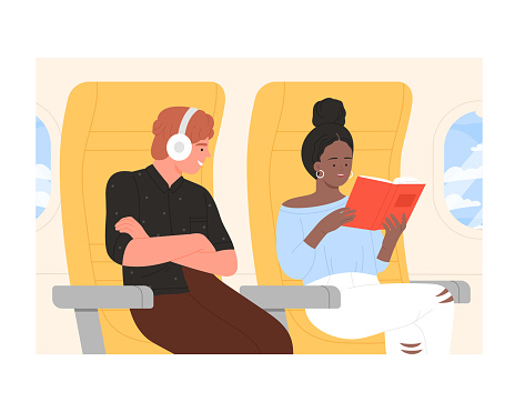 Female passenger reading book on plane flight. Boy passenger listening to music cartoon vector illustration