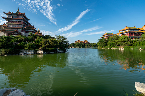 palaces on lakesChinese landscape gardens，Penglai Island, Yantai, Shandong, China