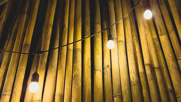 istock Lamps with glowing yellow light against a backdrop of exotic bamboo 1722496487