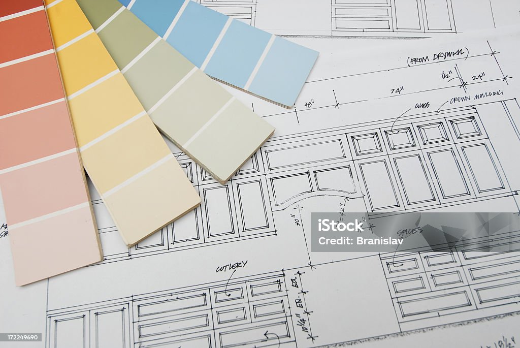 Vector graphic of interior design on a blueprint kitchen renovation blueprint Kitchen Stock Photo