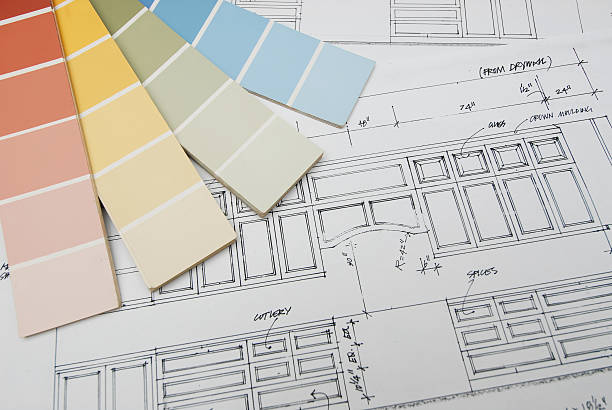 Vector graphic of interior design on a blueprint kitchen renovation blueprint cupboard drawing stock pictures, royalty-free photos & images