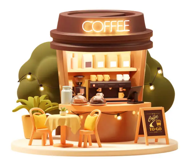 Vector illustration of Vector isometric small coffee booth or kiosk