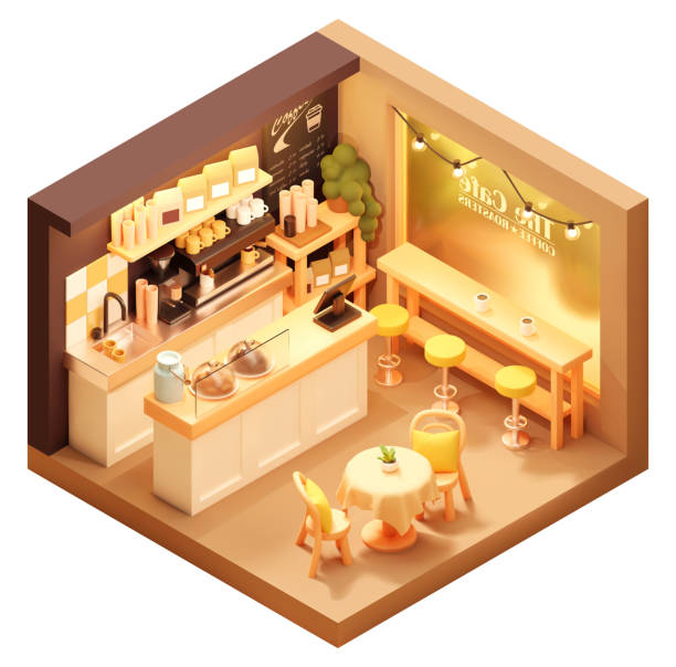 Vector isometric small coffee shop or cafe Vector isometric coffee shop or coffeehouse. Cafe interior with big window, coffee machine and grinder, tables, seats, counter, cash register and blackboard menu cash register coffee shop restaurant table stock illustrations