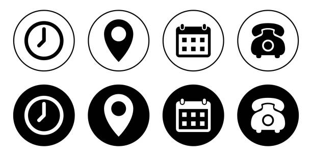 Time, location, date, and call icon vector in black circle. Clock, address, calendar, and telephone sign symbol Time, location, date, and call icon vector in black circle. Clock, address, calendar, and telephone sign symbol illustration calendar date circled stock illustrations