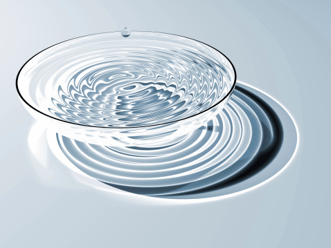 Crystal clear water with ripples - drop splashing - 3d render of glass bowl