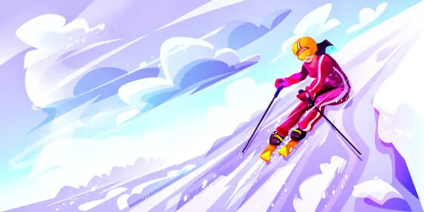 Vector illustration of Speed sport and adventure concept in cartoon style. A young girl skier descends from the mountain against the backdrop of a winter snowy landscape.