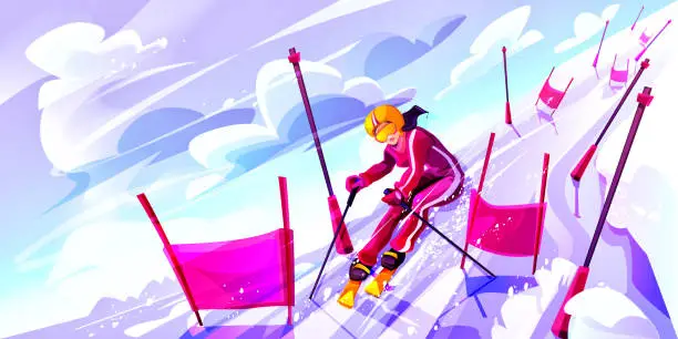 Vector illustration of Concept of speed skiing and victories in cartoon style. A young girl skier on a ski slope with indicator flags against the backdrop of a winter landscape.