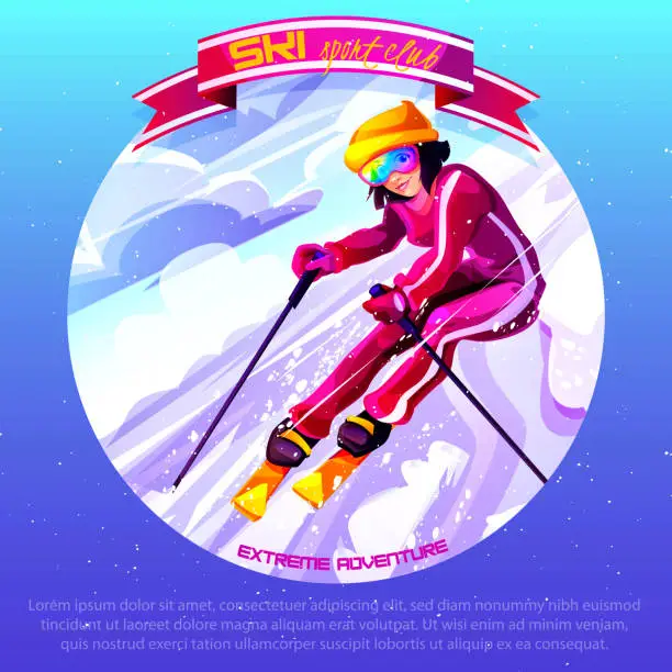 Vector illustration of Speed skiing club concept in cartoon style. A young girl skier on a ski slope against the backdrop of a winter landscape. Stylish vector illustration in a circle with space for text.