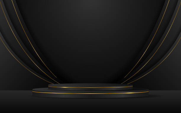 istock Black podium with black curved border and gold lines 1722507565