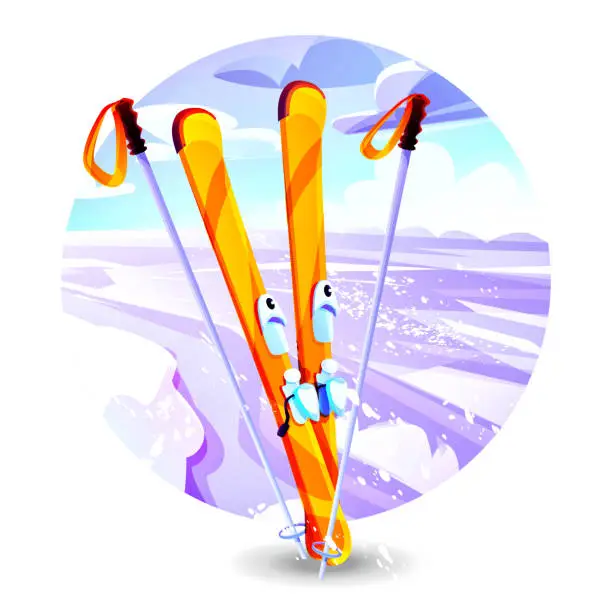 Vector illustration of Speed skiing concept in cartoon style. Alpine skiing with sticks against a winter landscape on a white background.