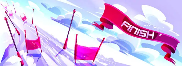 Vector illustration of Concept of speed skiing and victories in cartoon style. Ski slope with indicator flags against the backdrop of a winter snowy landscape with a winner's finish line.
