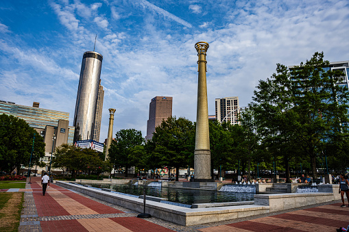The fountain and waterfalls of Centennial Olympic Park in Atlanta Grorgia in the late summer.