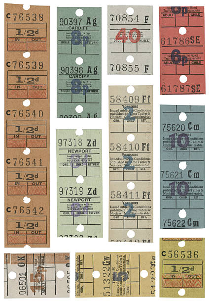 Ten different transportation tickets from the 1940s, each from a different location in England.  Some have the town name, some are blank.  You could also pull out the numbers and use the numbers separately.