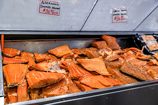 Smoked salmon fillet for sale at the famous farmer's market in Seattle, Washington