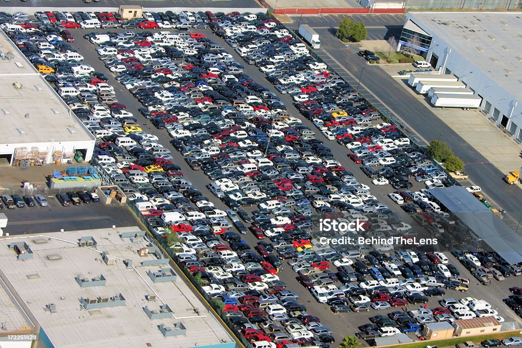 Used car collection "aerial view of a used car parkinglot, possibly a rental car parking lot" Car Dealership Stock Photo