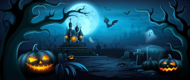 Feliz Halloween, árvore assustadora, castelo, abóboras, morcego voando, projeto de bandeira fantasma no fundo azul escuro da noite da lua - ilustração de arte em vetor
