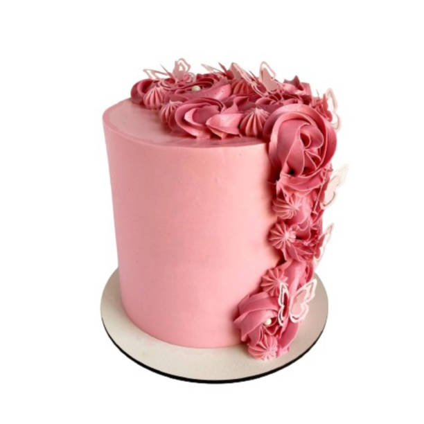 Cake decorated with roses and butterflies.