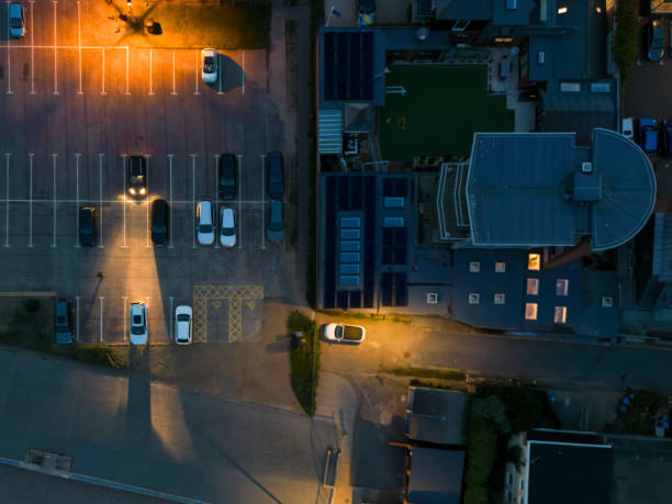 istock Drone top down view of a partially emptied public car park. 1722533275