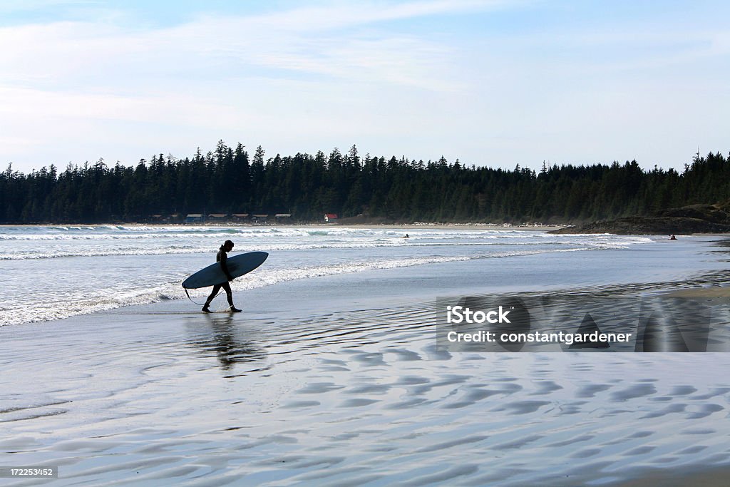 Long Beach Surfer. Vancouver Island Long Beach British Columbia. Near Tofino and Victoria. Pacific Rim. Spring Time. Kayakers in background. Kayaking Stock Photo