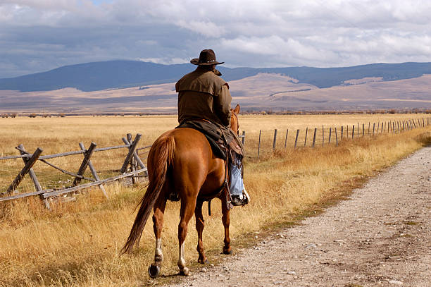 istock A cowboy riding a horse on a dirt trail 172253580