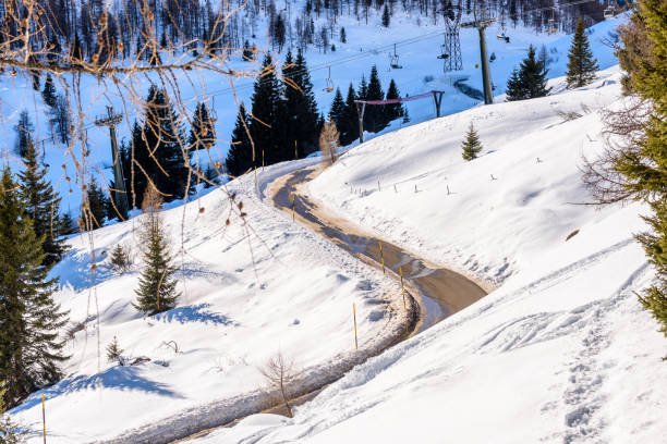 istock Empty winding road in a snowy mountain setting in winter 1722538383