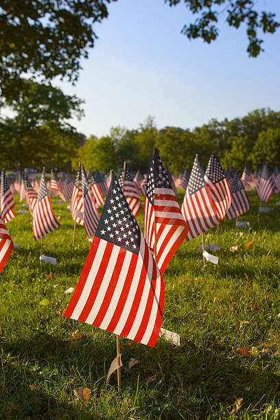istock Small American flags stuck into grassy field 172254367