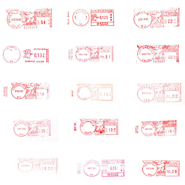 Meetered Postage A vareity of different postal marks from US cities. XX Large File. Isolated on white postage stamp photos stock pictures, royalty-free photos & images