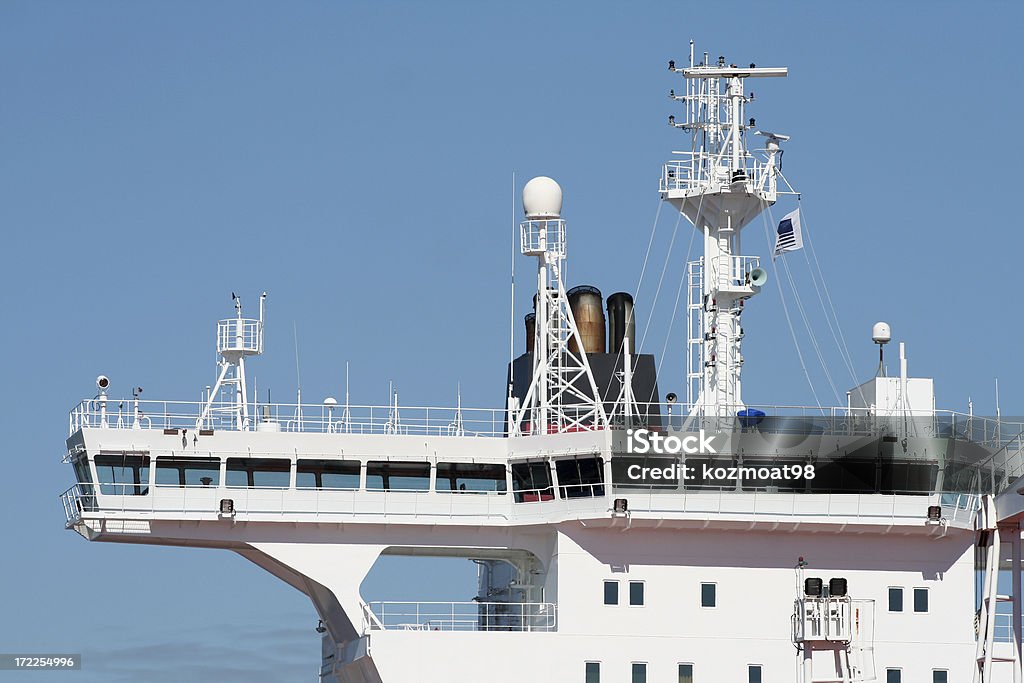 Ships Bridge, Starboard Side Starboard side of a large ships bridge showing its communication,meteorological and navigational sensors. Sensor Stock Photo