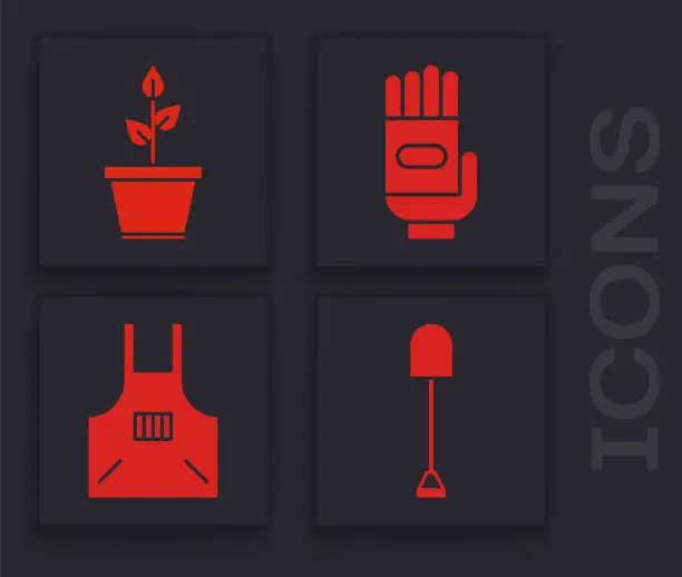 Vector illustration of Set Shovel, Plant in pot, Garden gloves and Kitchen apron icon. Vector