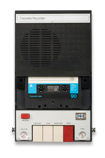 Front view of an old monophonic cassette recorder from the early 1970s. Part of a series of old audio equipment. AdobeRGB. Saved with clipping path.See below for related images from my portfolio: