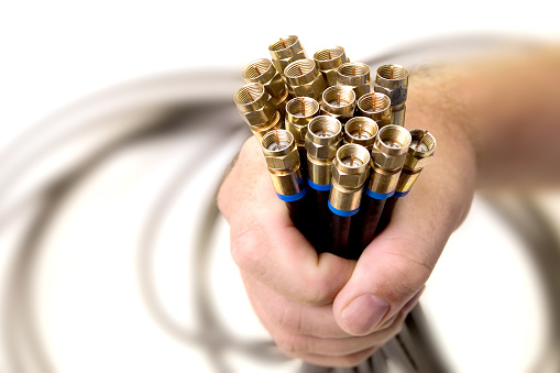 Copper wire winding of air core coils to use in RF signal transmission devices. Electronic circuit board detail. Electromagnetic induction