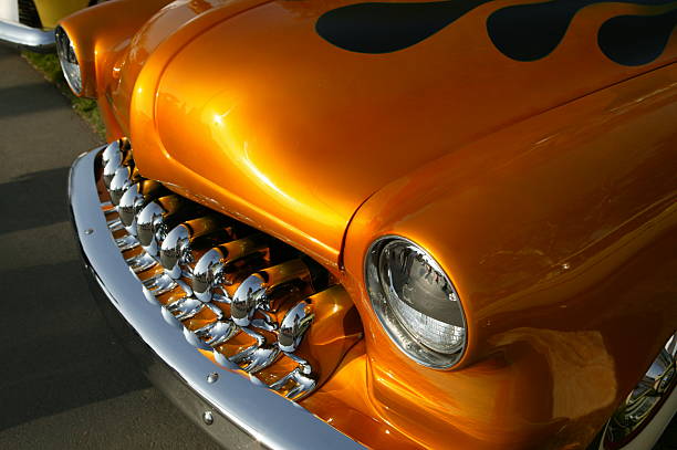istock Hot rod chorme gril and bumper with orange flames 172255760